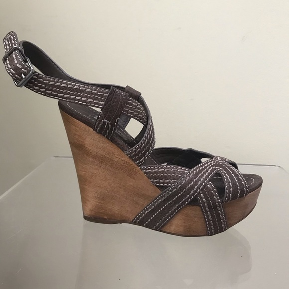 MIU MIU Strappy Leather Platform Wedge Heel Sandals Stitch Wood Ankle Strap Shoe - Picture 2 of 16